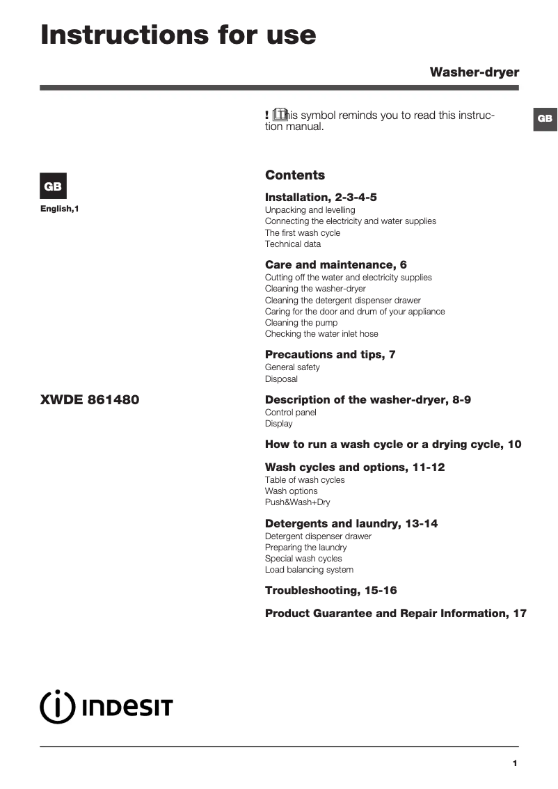 Image de la première page du manuel de l'appareil XWDE 861480X W UK