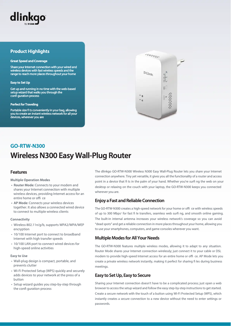 Page 1 of the manual Technical Sheet D-Link GO-RTW-N300