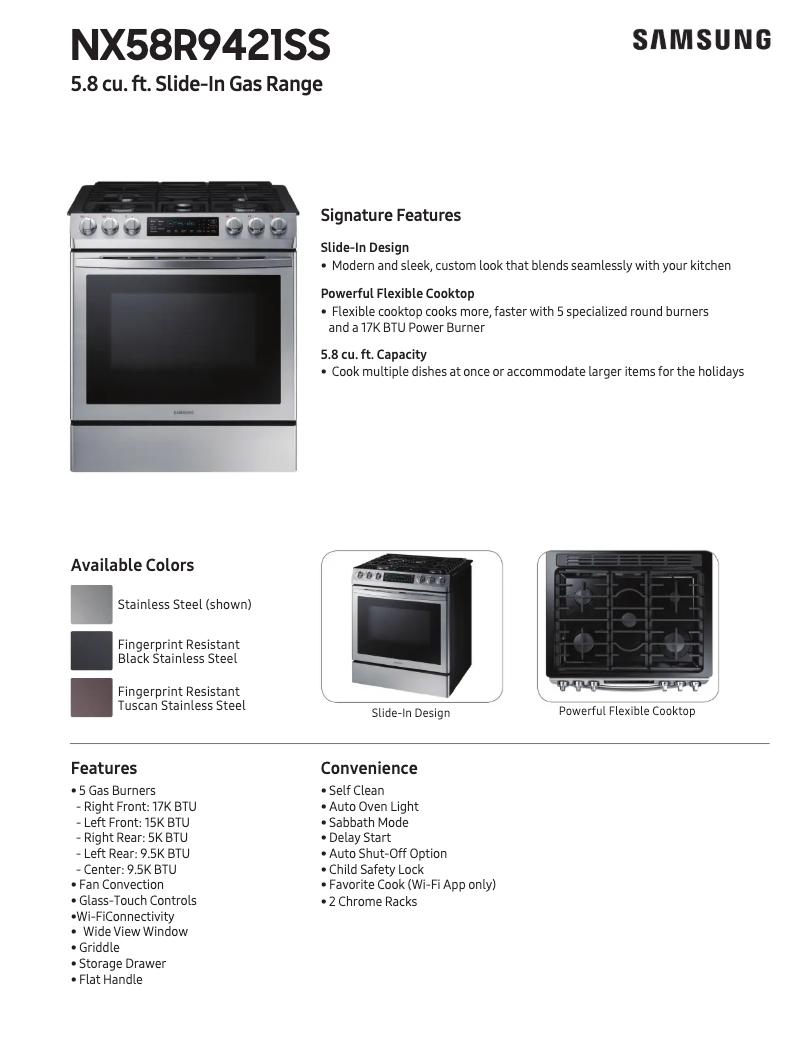 Page 1 de la notice Fiche technique Samsung NX58R9421SG