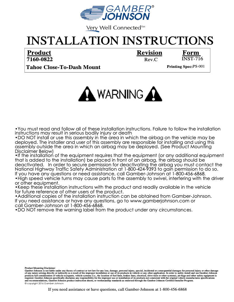 Page 1 de la notice Manuel utilisateur Gamber-Johnson 7160-0822