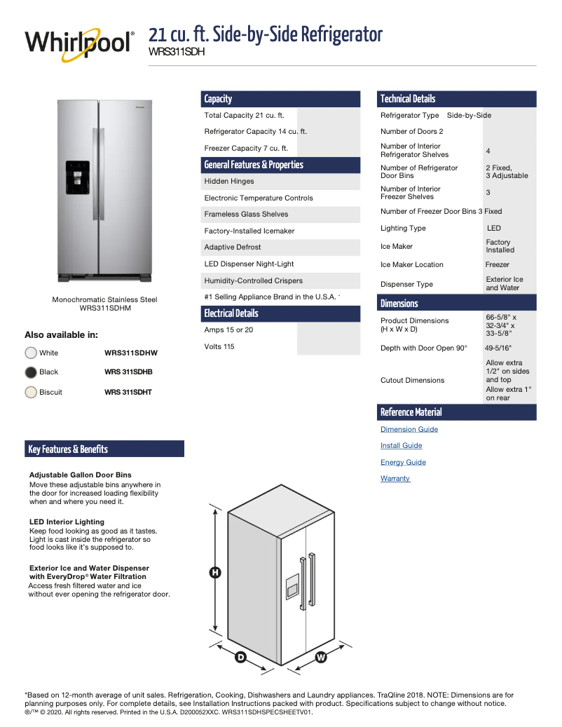 Page 1 de la notice Fiche technique Whirlpool WRS311SDHM