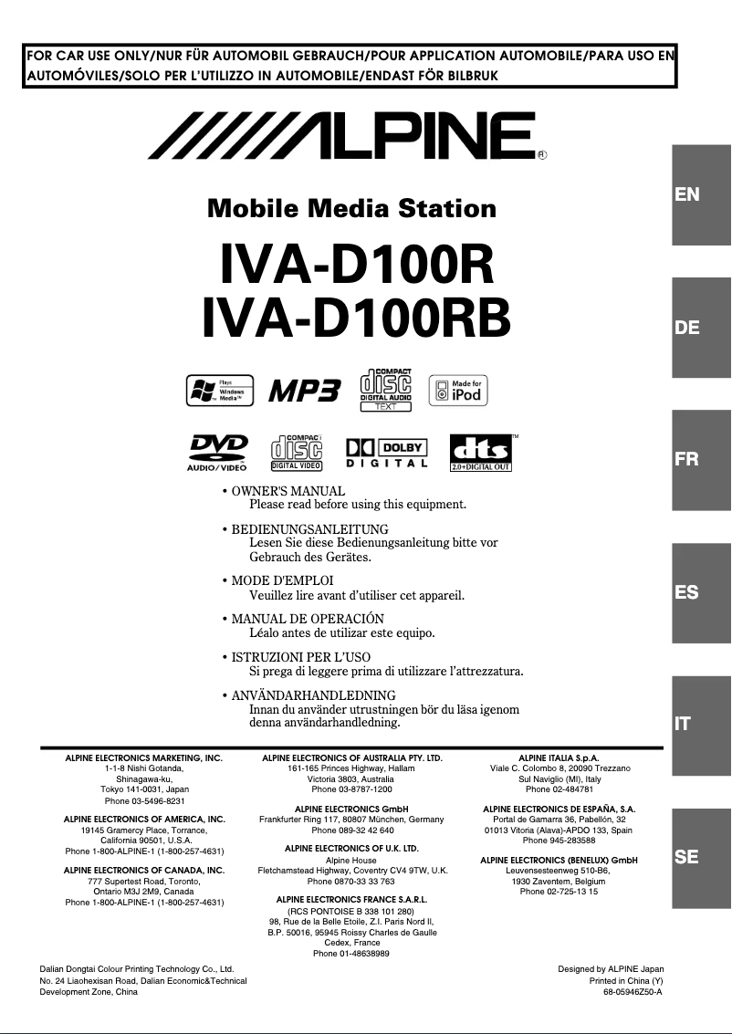 Page 1 de la notice Manuel utilisateur Alpine IVA-D100R