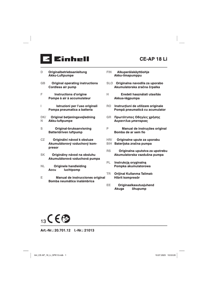 Page 1 de la notice Manuel utilisateur Einhell CE-AP 18 Li