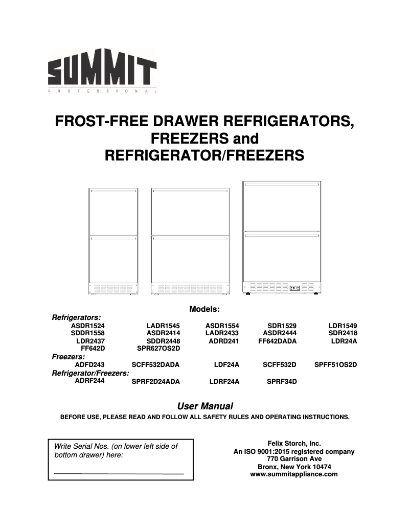 Page n°1 - Manuel d'utilisation et d'entretien Summit SPR627OS2D