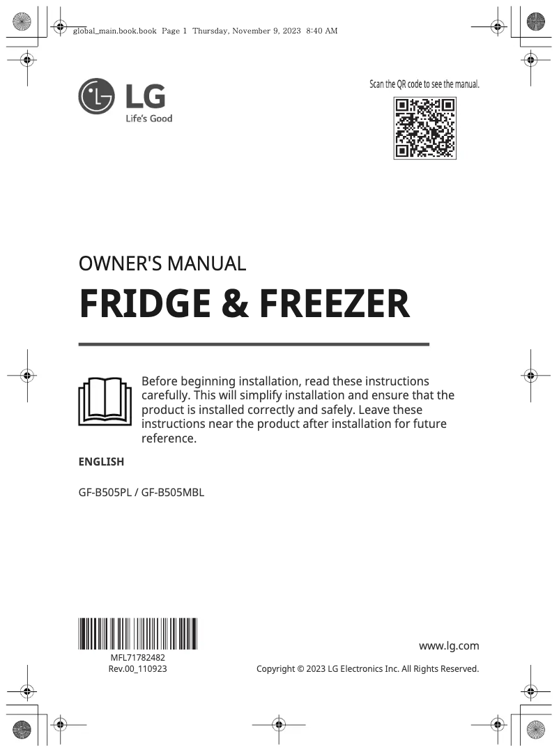 Page 1 de la notice Manuel utilisateur LG GF-B505MBL