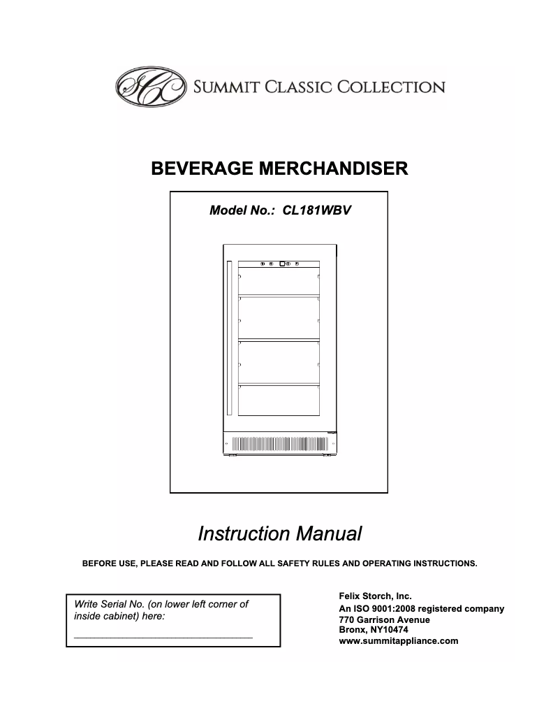 Page 1 de la notice Manuel utilisateur Summit CL181WBVCSS