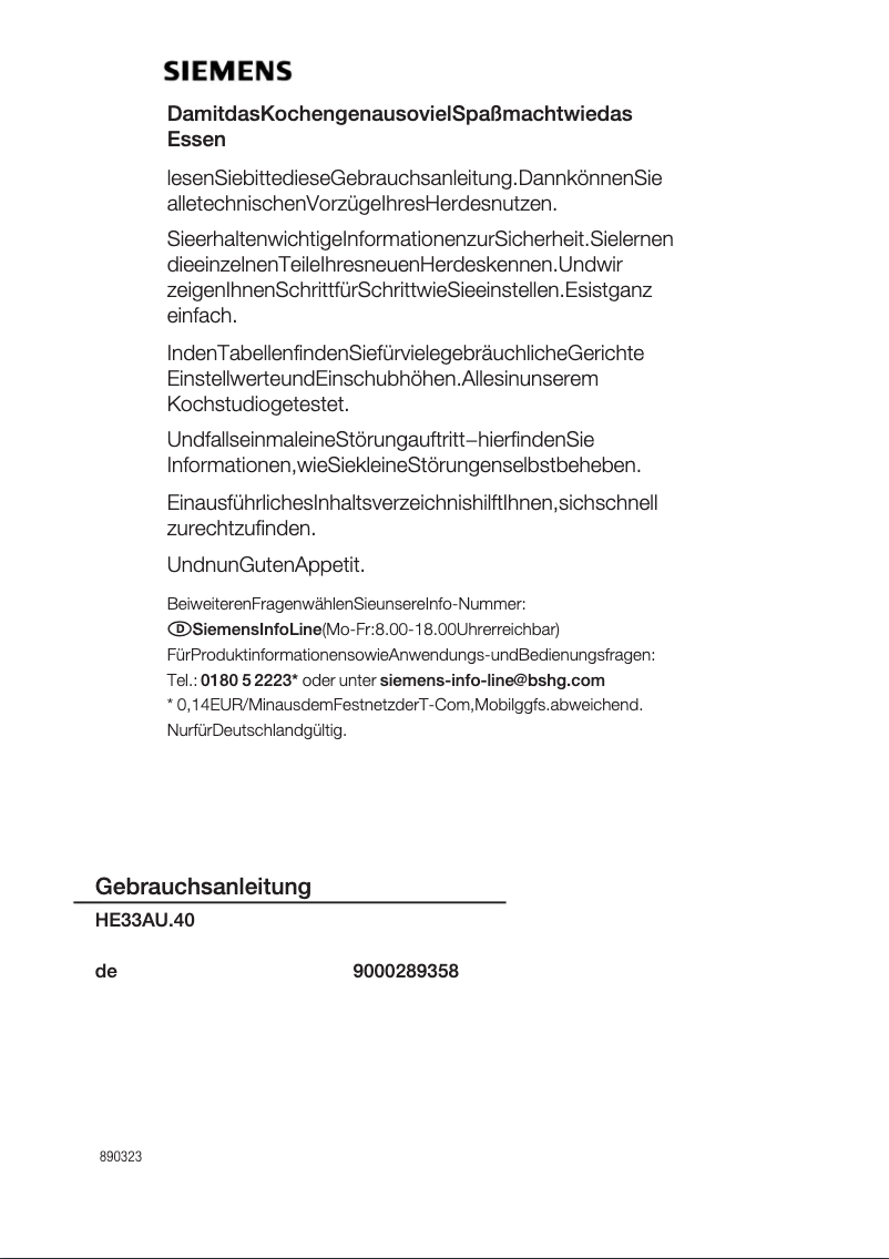 Página 1 del manual Manual de instrucciones Siemens HE33AU240