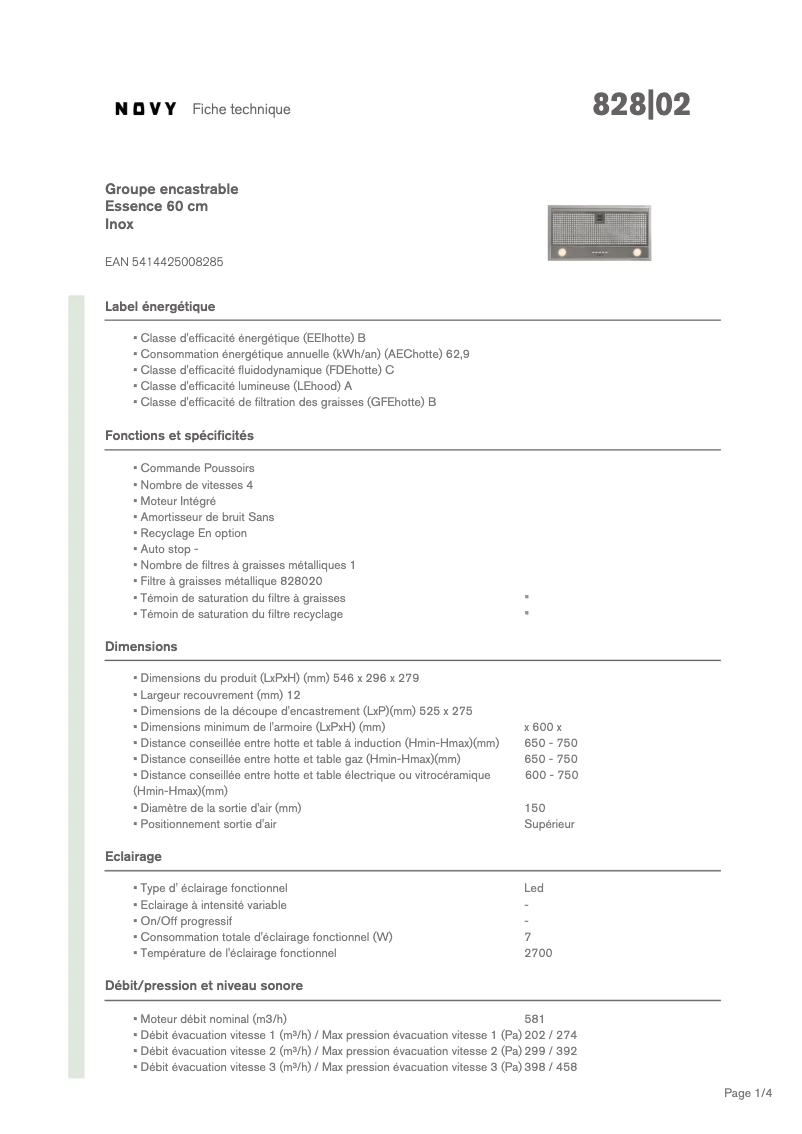 Page n°1 - Fiche technique Novy Essence 828