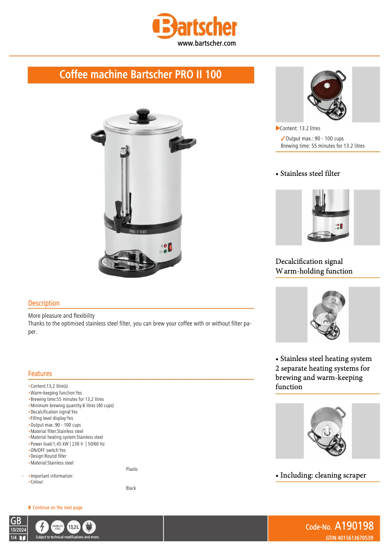 Page n°1 - Fiche technique Bartscher PRO II 100T