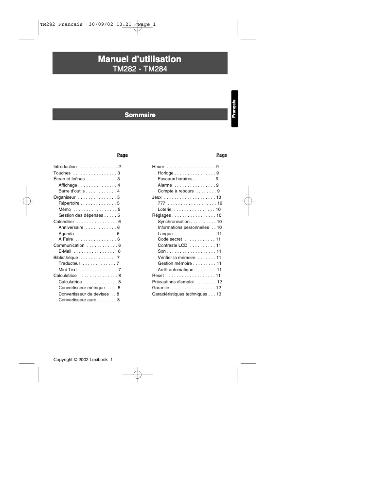 Page 1 de la notice Manuel utilisateur Lexibook Touchman TM284