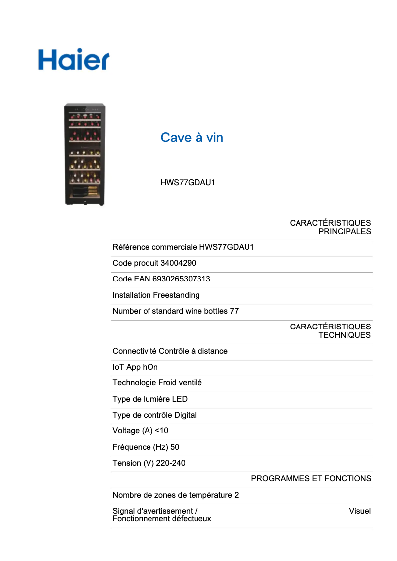 Page 1 de la notice Fiche technique Haier Wine Bank 50 Serie 7 HWS77GDAU1