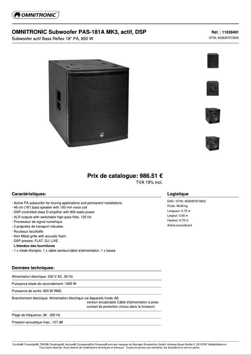 Page n°1 - Fiche technique Omnitronic PAS-181A MK3