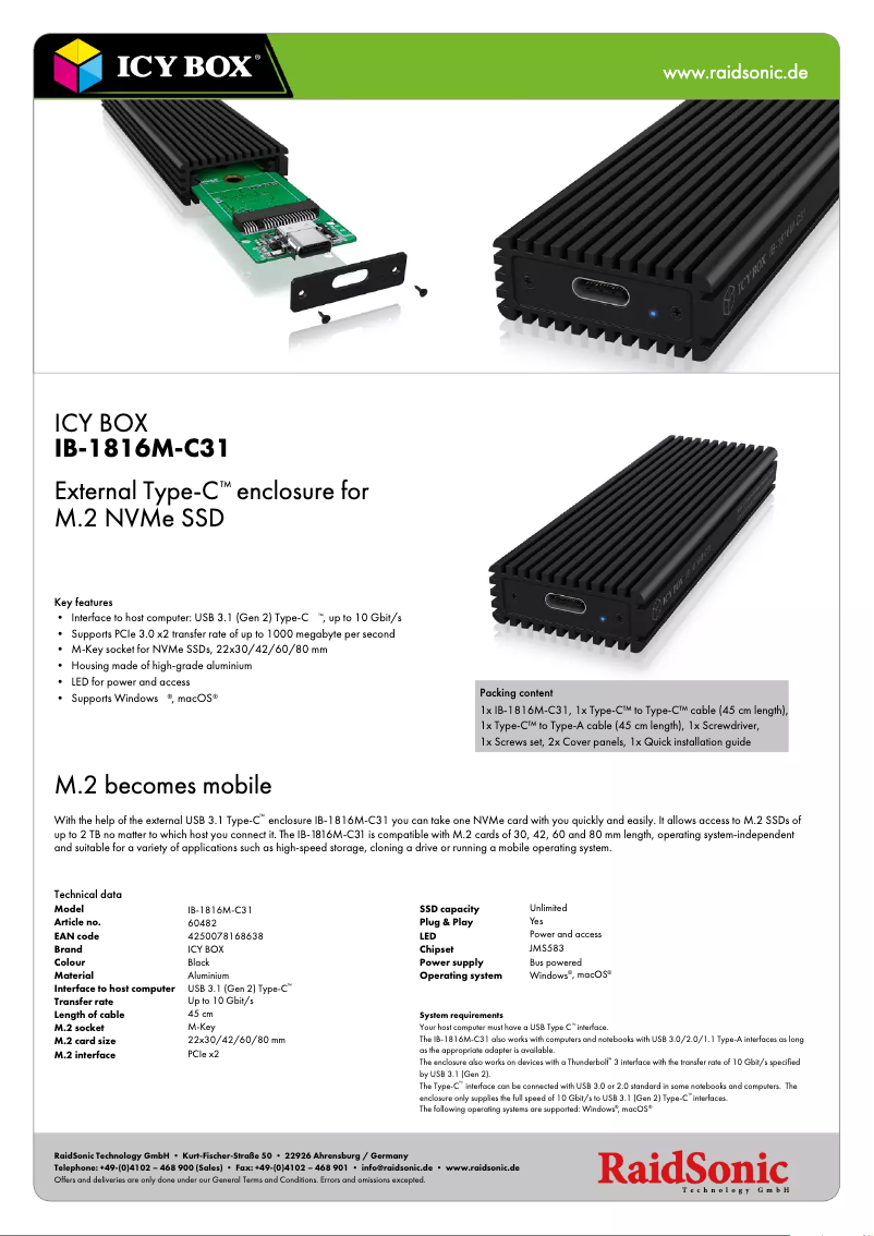 Página 1 del manual Ficha técnica Icy Box IB-1816M-C31