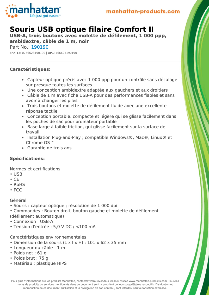 Page 1 de la notice Fiche technique Manhattan 190190