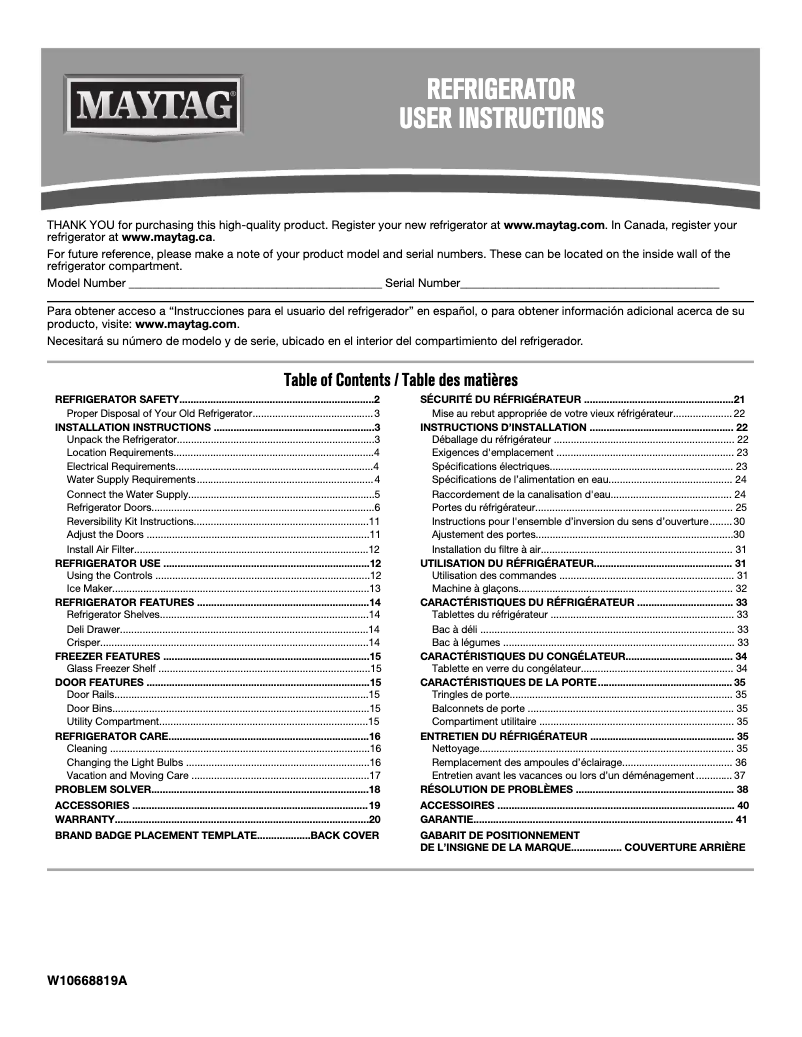 Page n°1 - Manuel d'utilisation et d'entretien Maytag MRT711BZDH