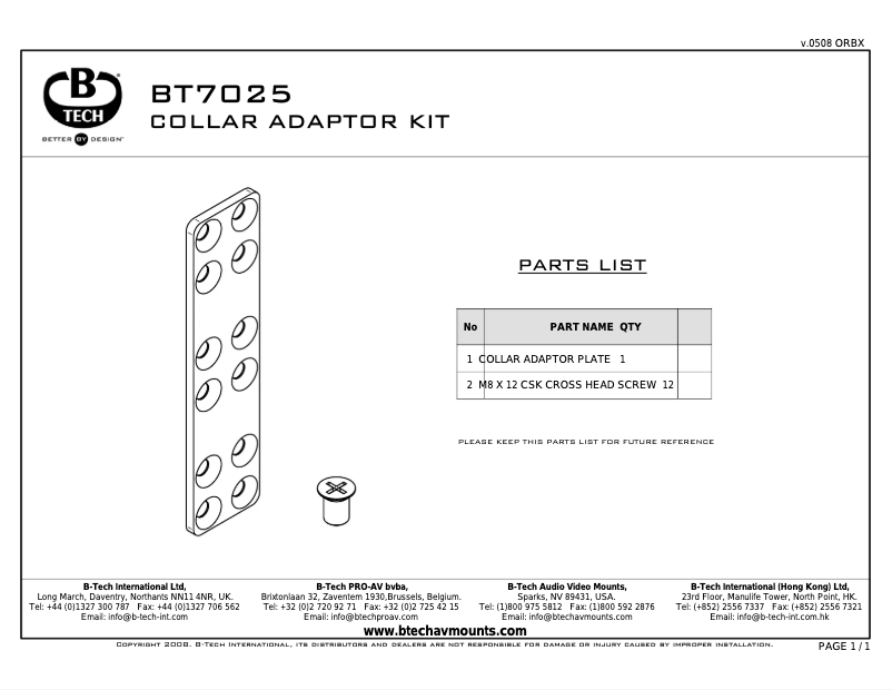 Page 1 de la notice Manuel utilisateur B-Tech BT7025