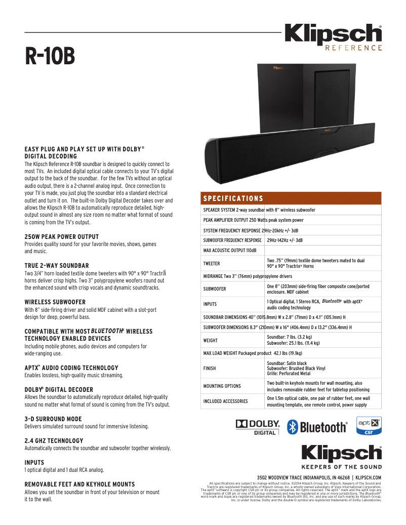 Page n°1 - Fiche technique Klipsch Reference R-10B
