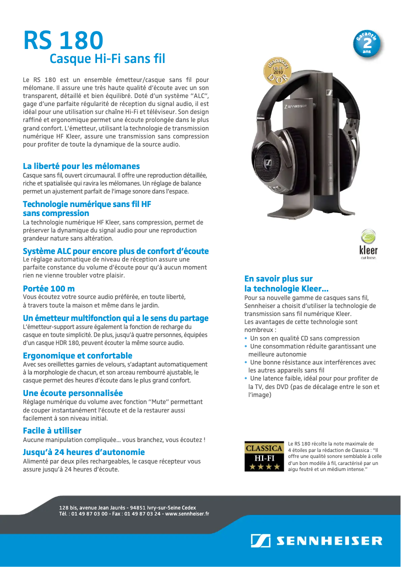 Page 1 de la notice Fiche technique Sennheiser RS 180