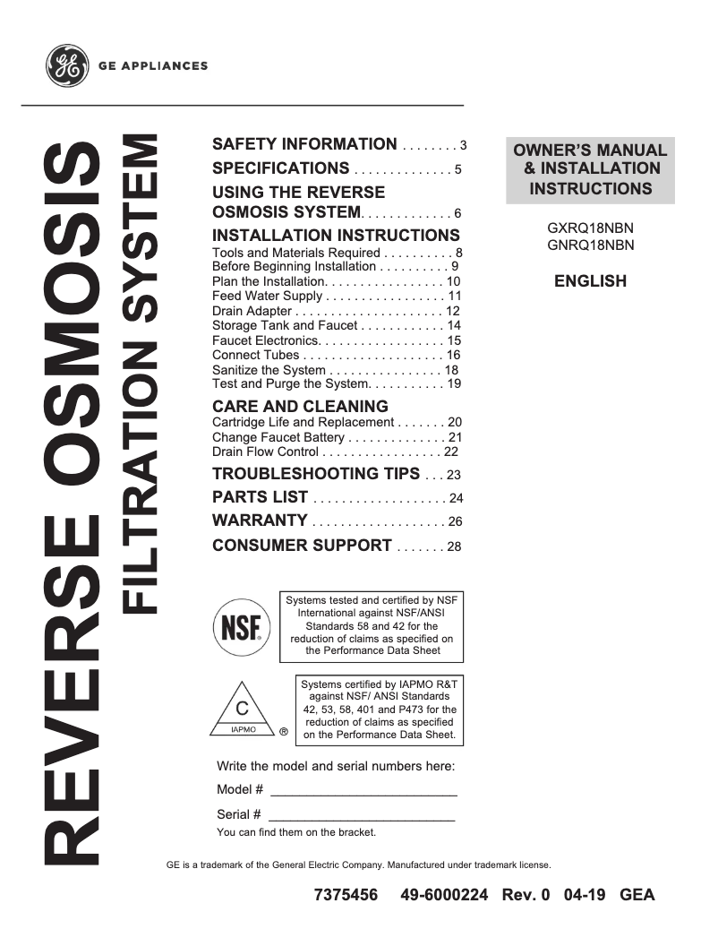 Image de la première page du manuel de l'appareil GXRQ18NBN