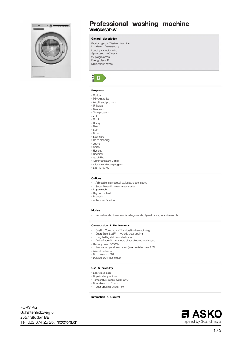 Page n°1 - Fiche technique Asko WMC6863PW
