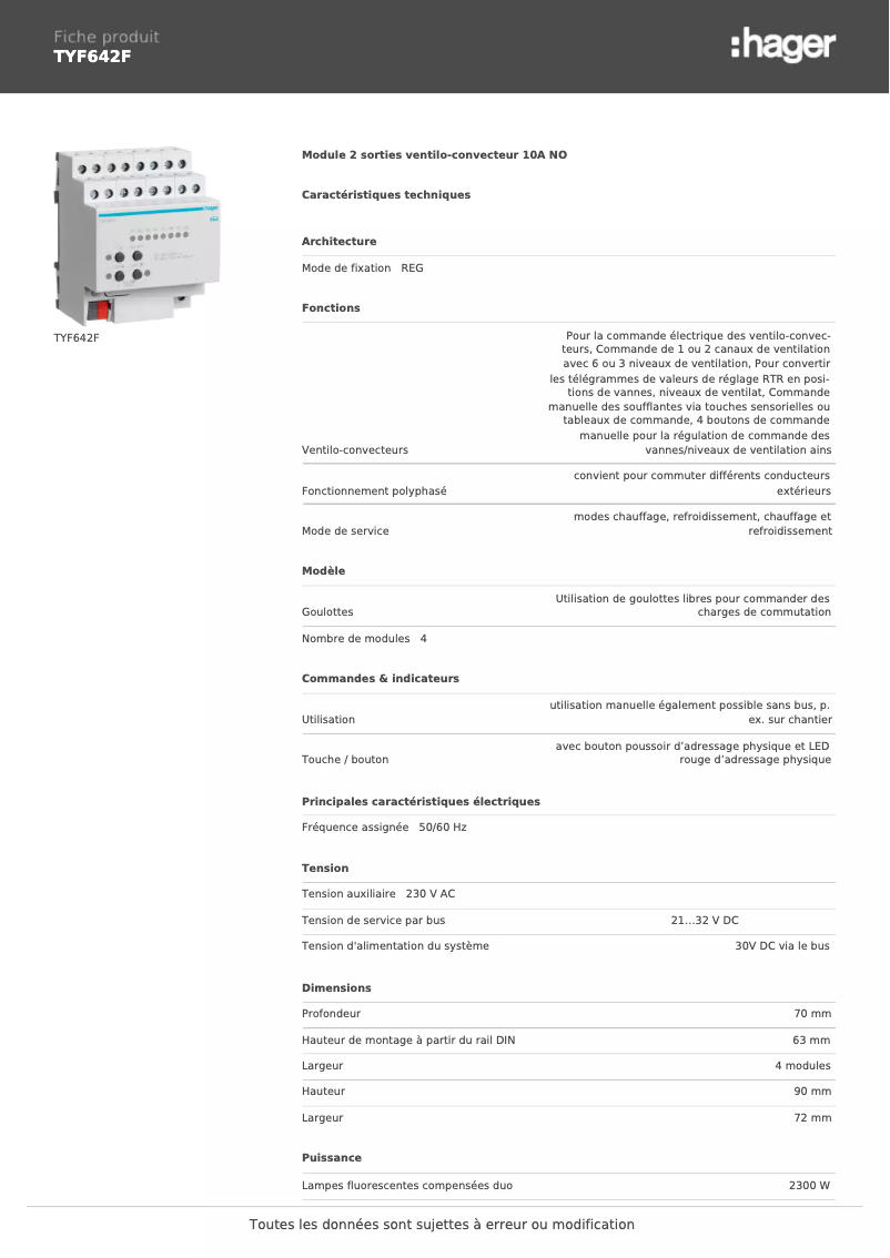 Page 1 de la notice Fiche technique Hager TYF642F