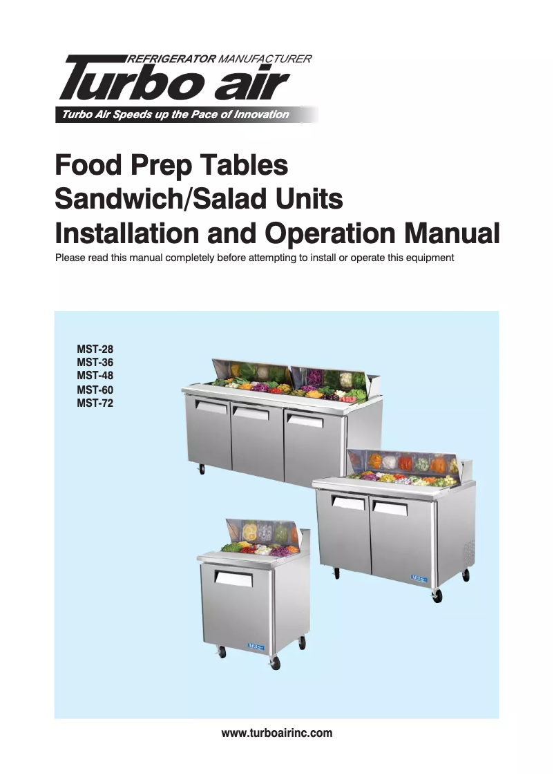 Page 1 de la notice Manuel d'utilisation et d'entretien Turbo air MST-28
