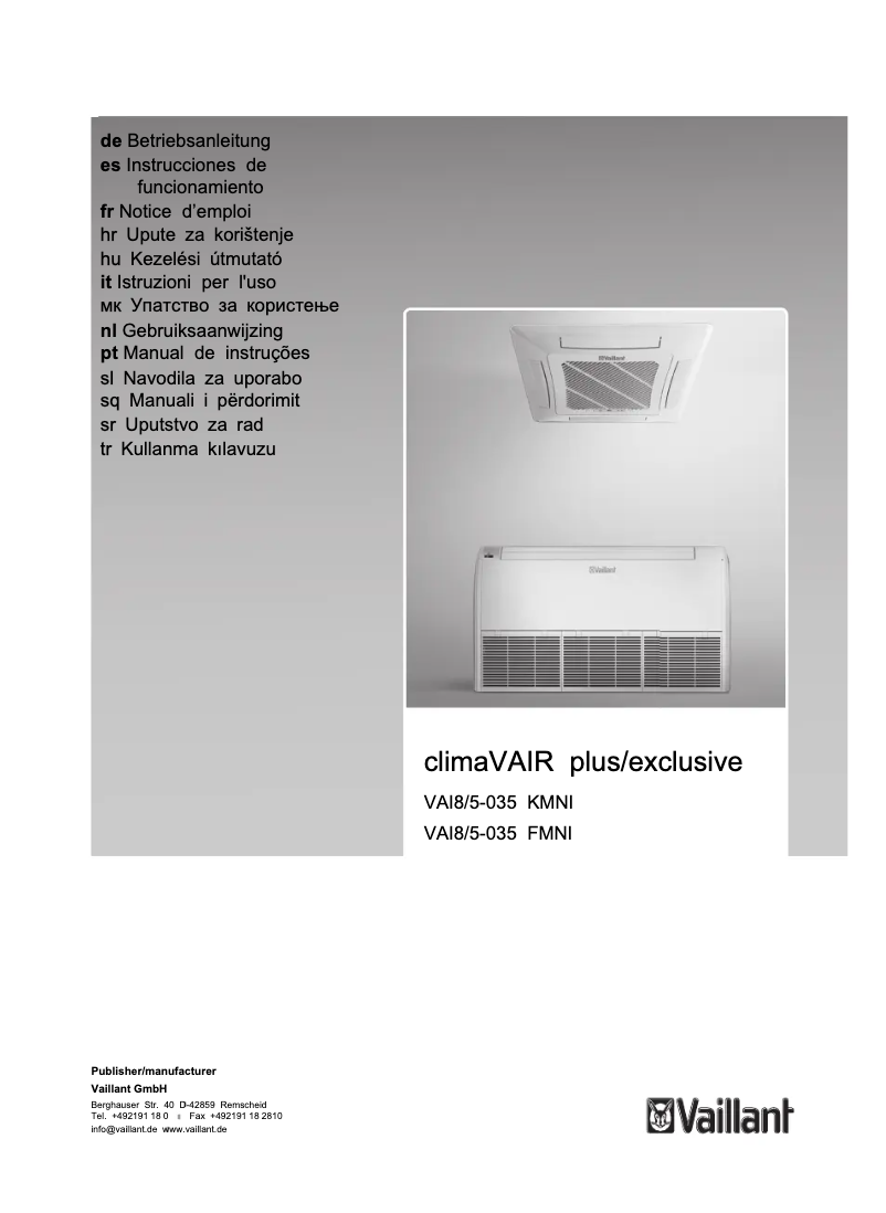 Page 1 de la notice Manuel utilisateur Vaillant climaVAIR exclusive VAI8/5-035 FMNI