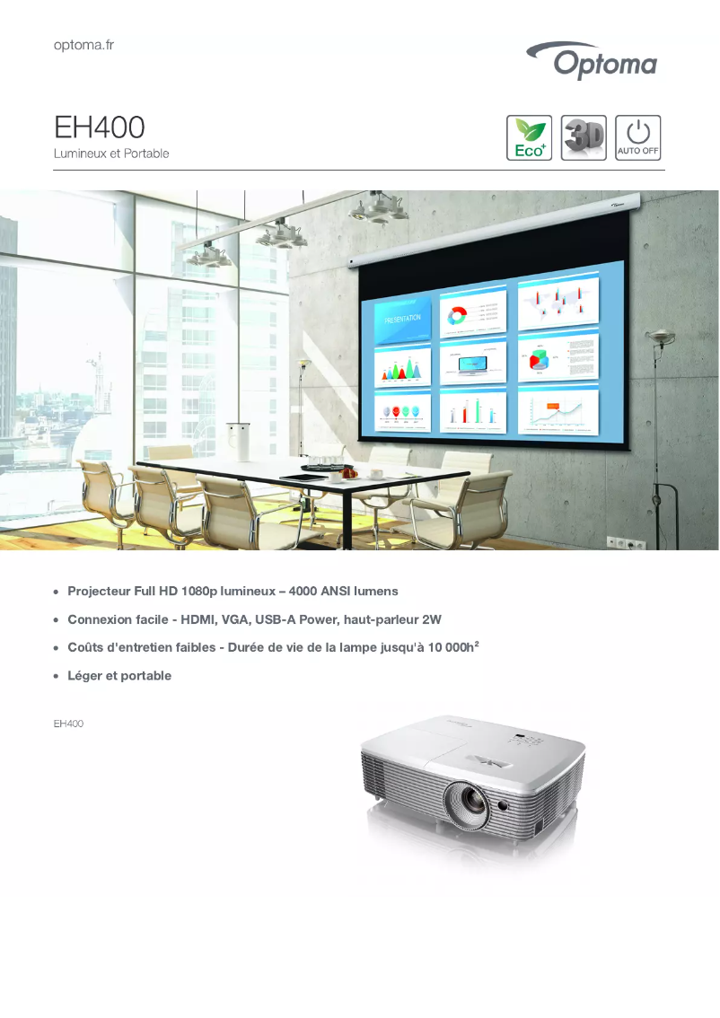 Page 1 de la notice Fiche technique Optoma EH400