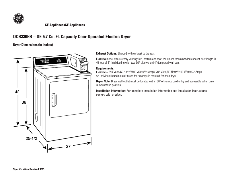 Page 1 de la notice Fiche technique GE DCB330EBKC