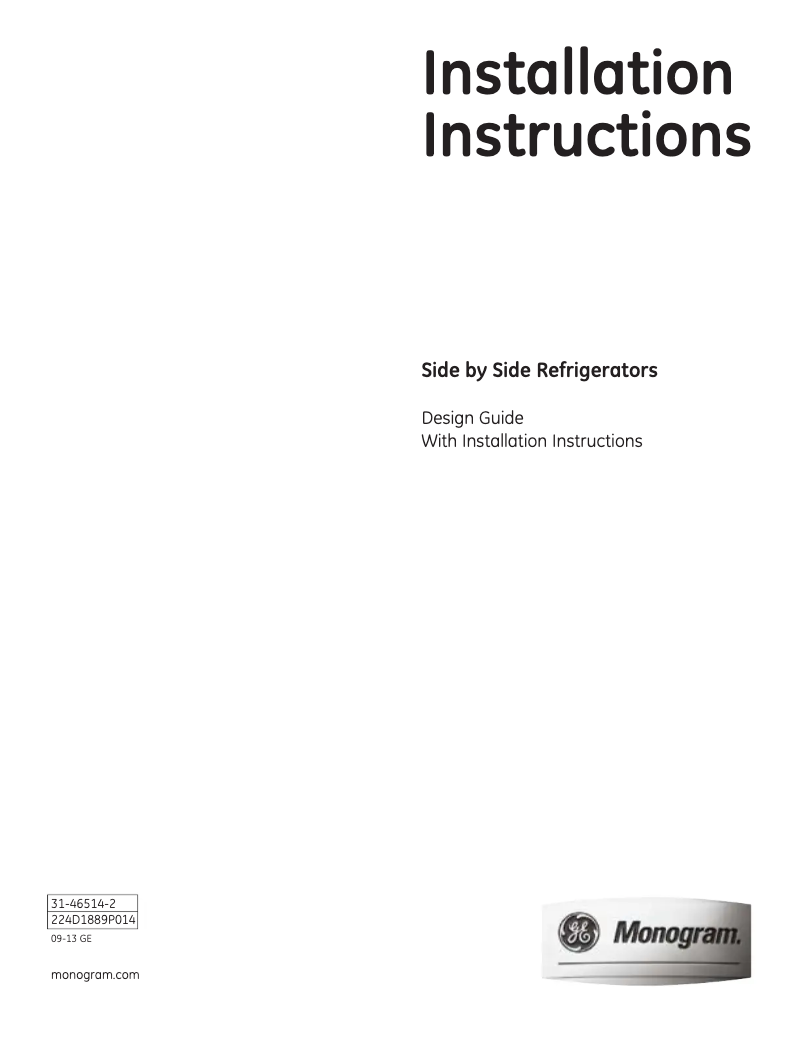 Page 1 de la notice Guide d'installation GE ZISP480DXSS