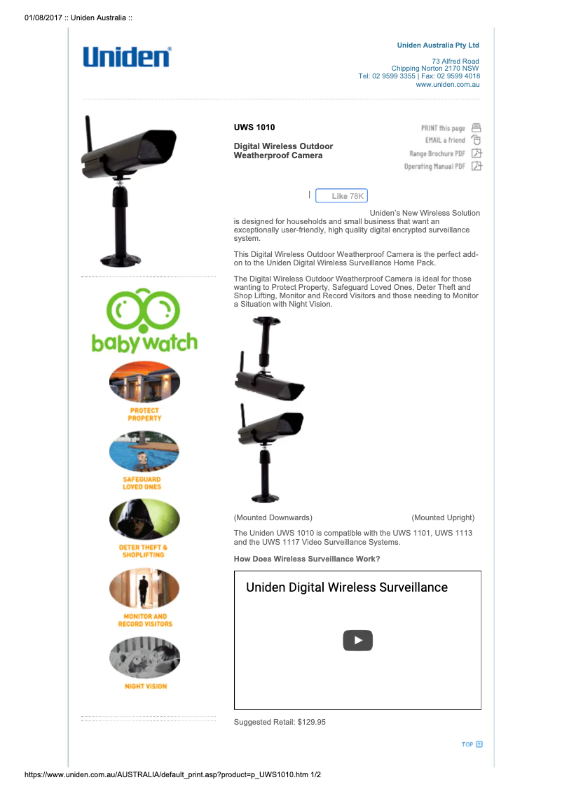 Page 1 de la notice Manuel utilisateur Uniden UWS 1010