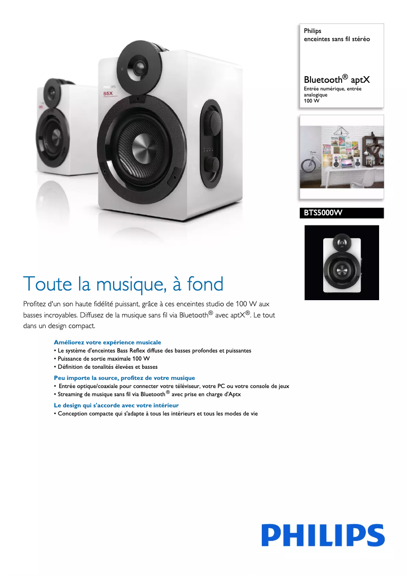 Page 1 de la notice Fiche technique Philips BTS5000W