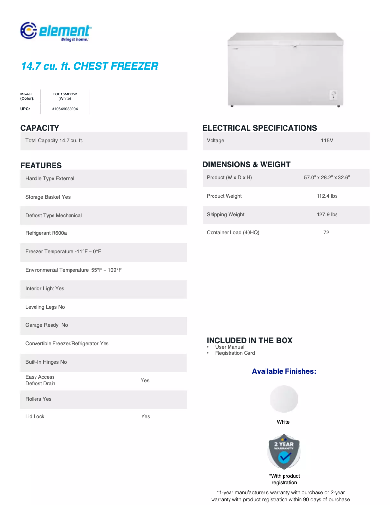 Page 1 de la notice Fiche technique Element ECF15MDCW