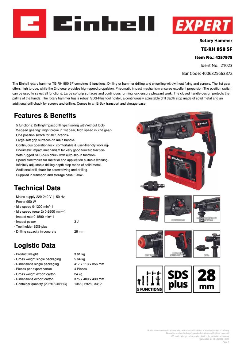 Page 1 de la notice Fiche technique Einhell TE-RH 950 5F