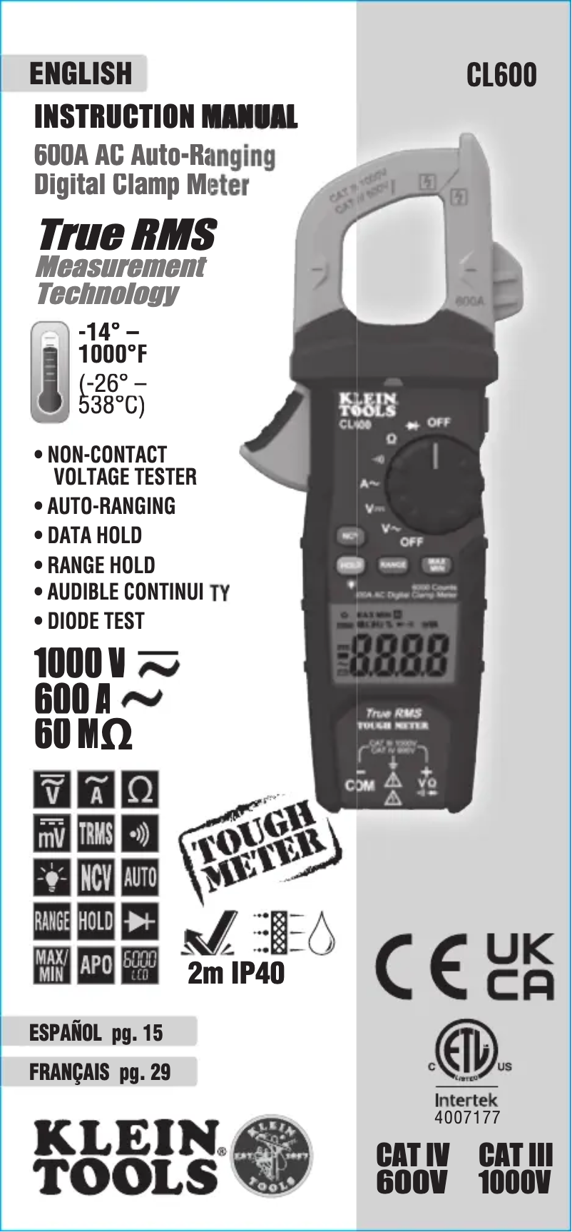 Page n°1 - Manuel utilisateur Klein Tools CL600