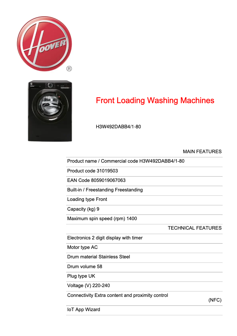 Page 1 de la notice Fiche technique Hoover H3W492DABB4/1-80