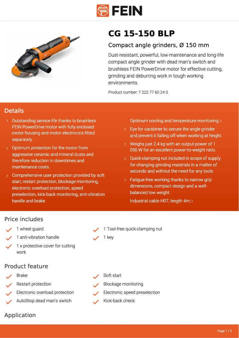 Página 1 del manual Ficha técnica Fein CG 15-150 BLP