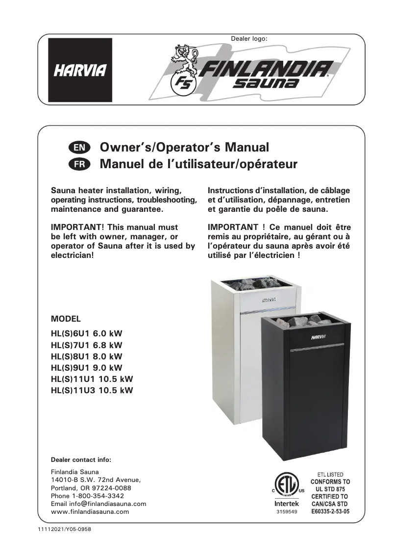 Page n°1 - Manuel utilisateur Harvia Virta HL9 HL9U1