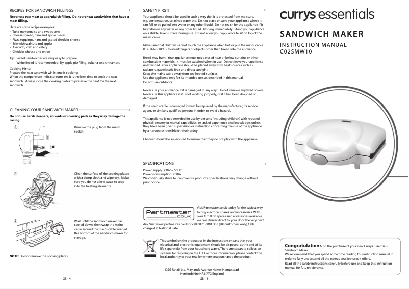 Page 1 de la notice Manuel utilisateur Currys Essentials C02SMW10