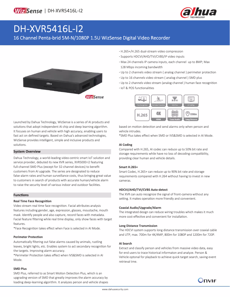 Page 1 de la notice Fiche technique Dahua Technology XVR5416L-I2
