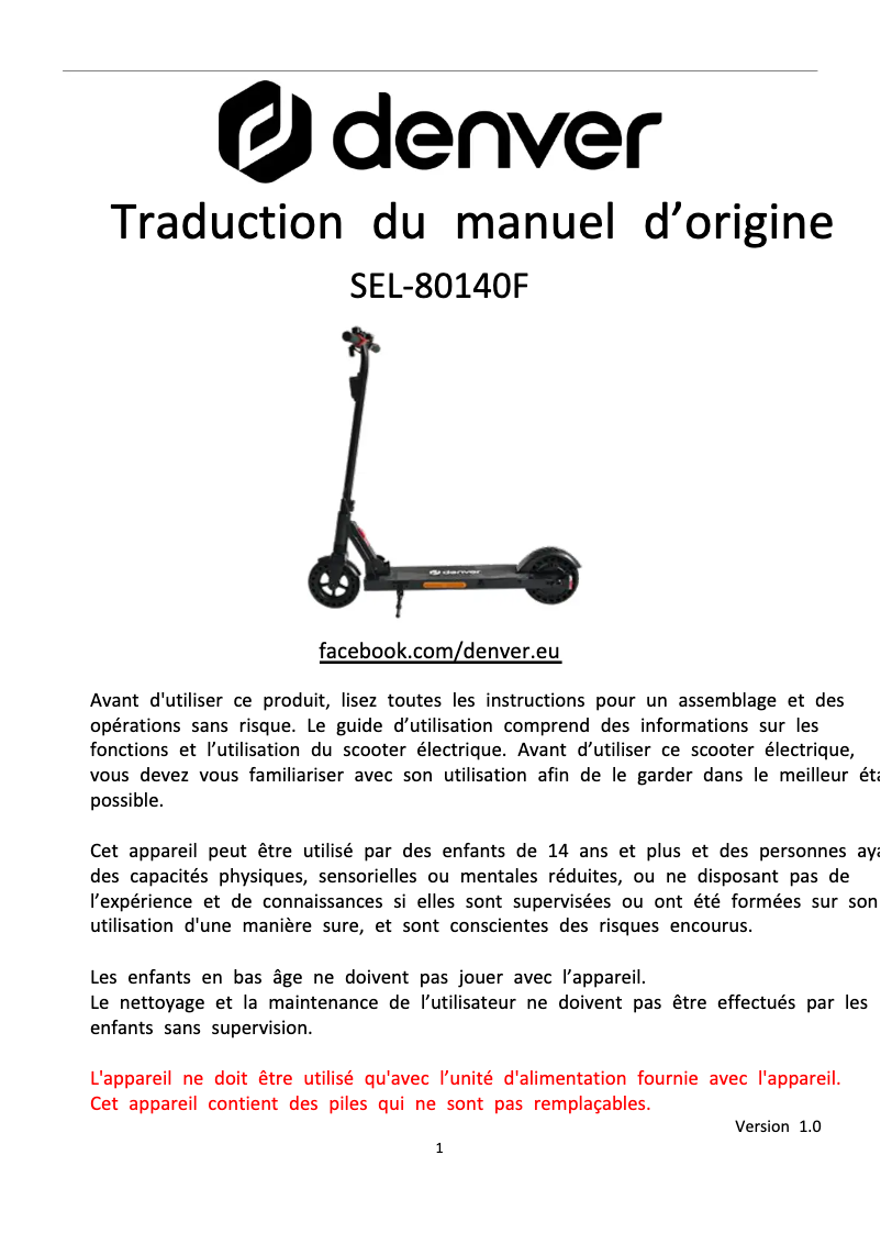 Page n°1 - Manuel utilisateur Denver SEL-80140F