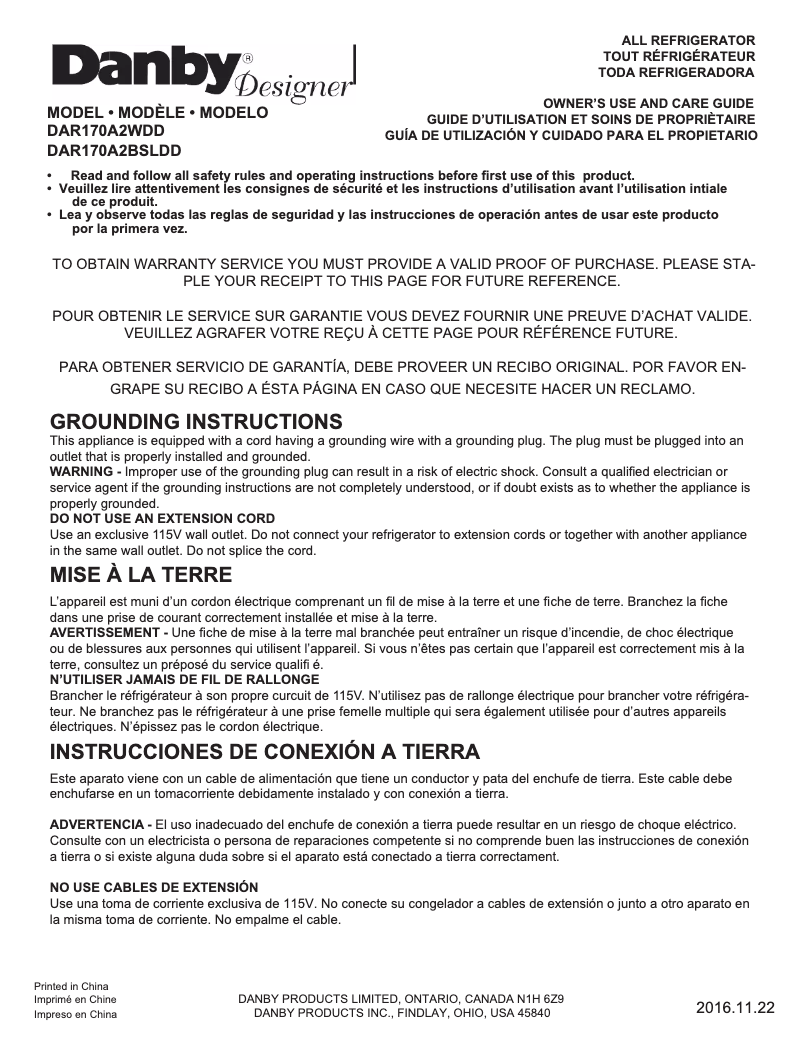 Page n°1 - Manuel utilisateur Danby DAR170A2