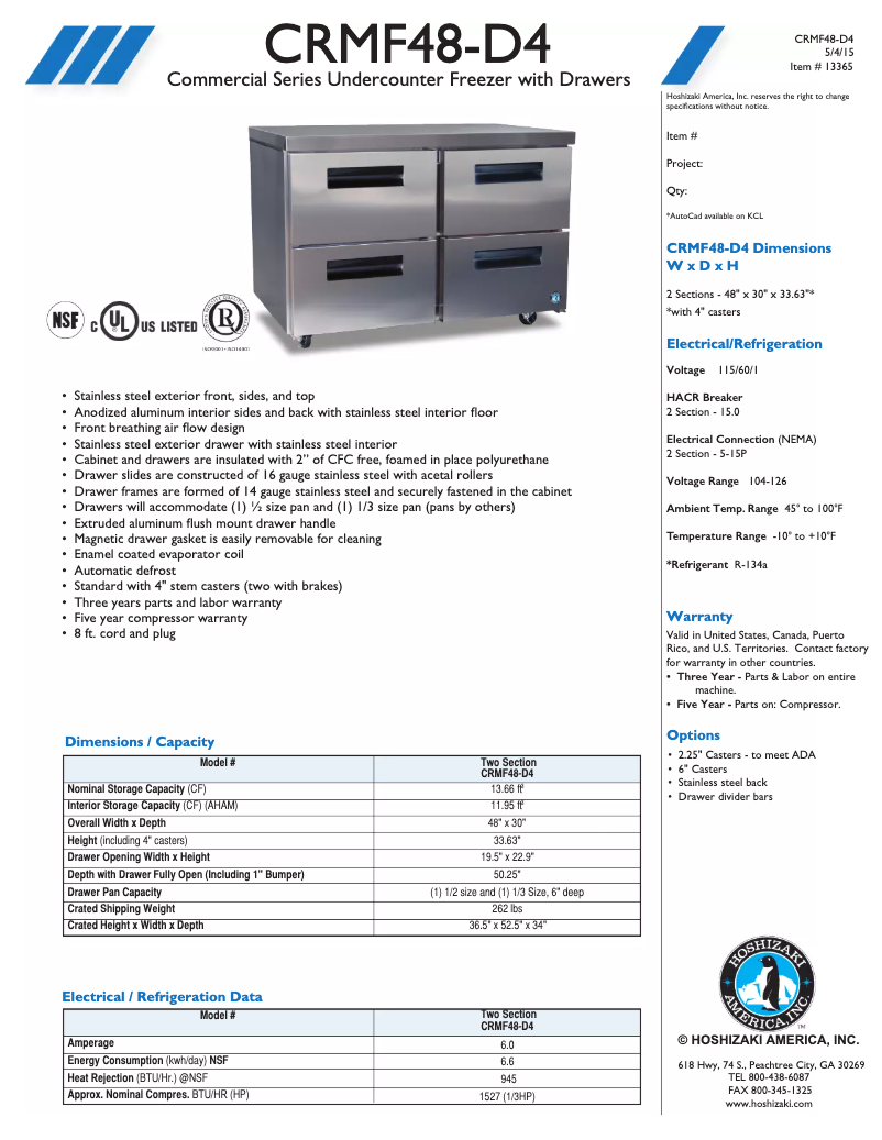 Page 1 de la notice Fiche technique Hoshizaki CRMF-48-D4