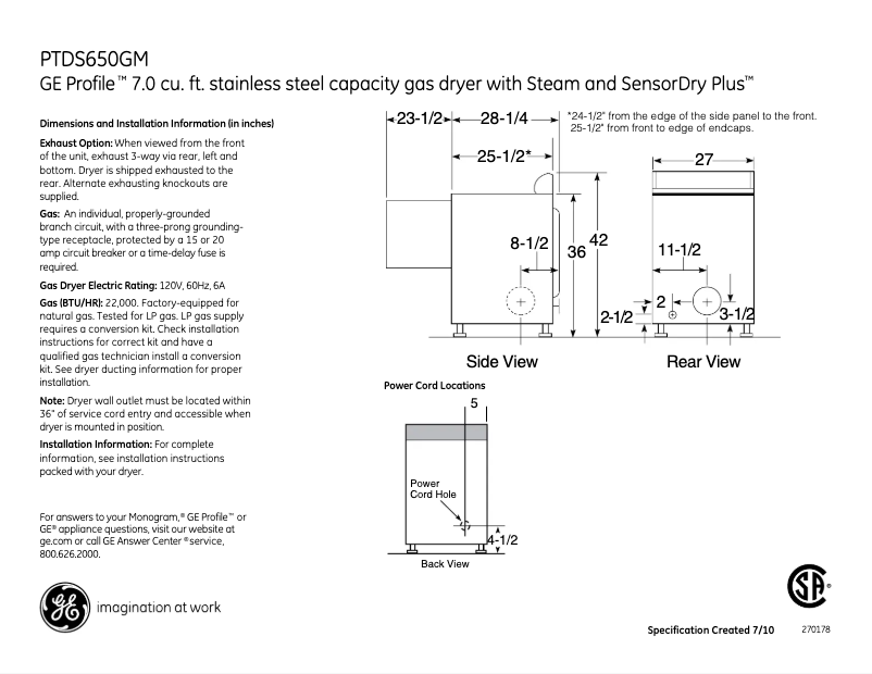 Page n°1 - Fiche technique GE Profile PTDS650GMWT