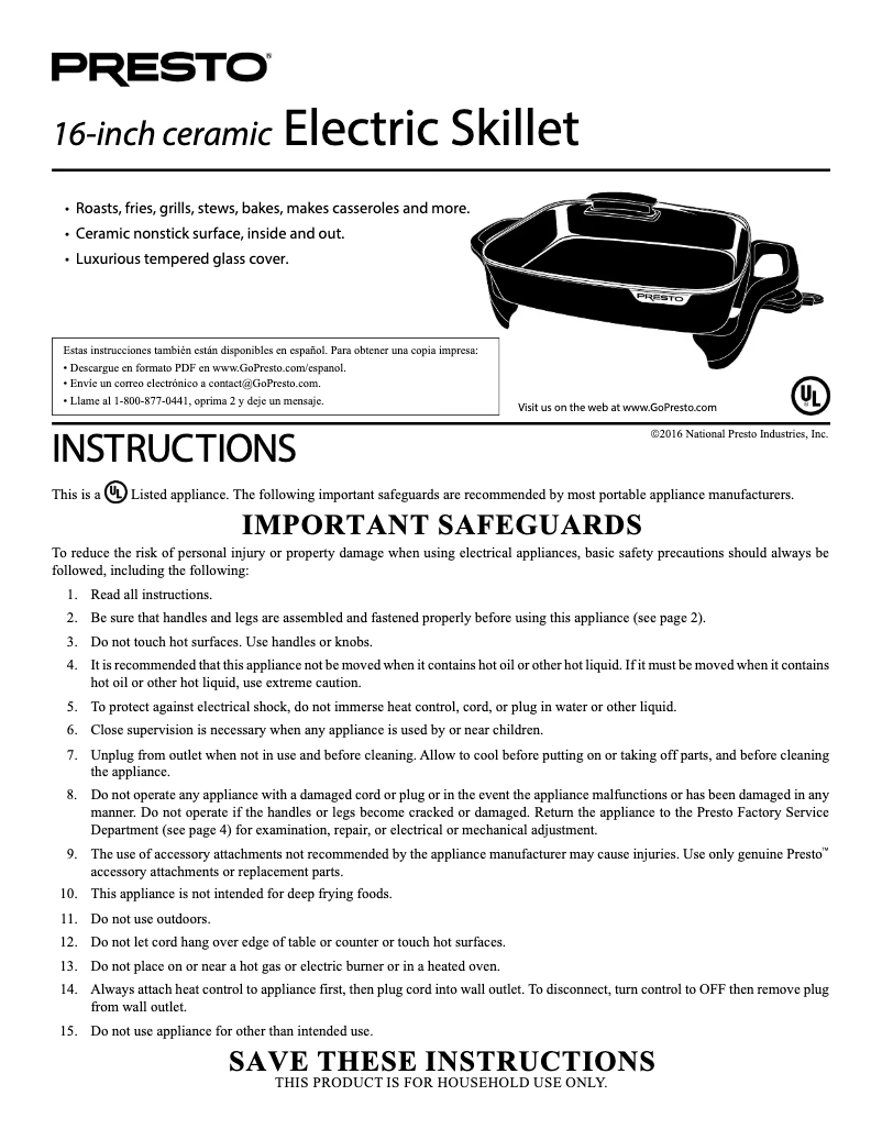 Image de la première page du manuel de l'appareil 16-inch Ceramic Electric Skillet 06856