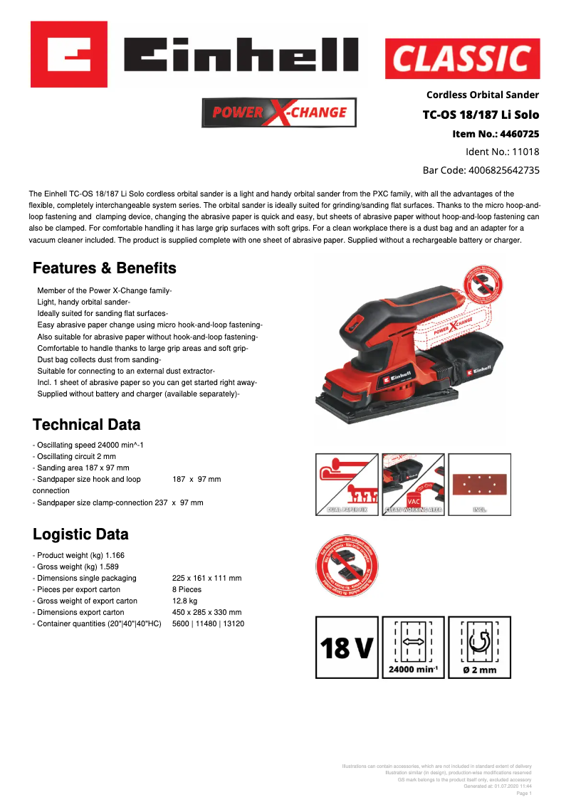 Page 1 de la notice Fiche technique Einhell TC-OS 18/187 Li