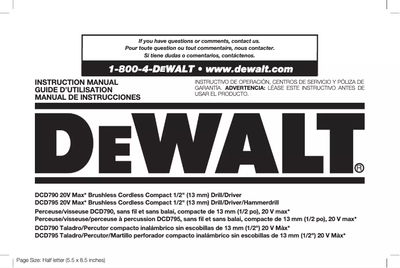 Page 1 de la notice Manuel utilisateur DeWalt DCD795