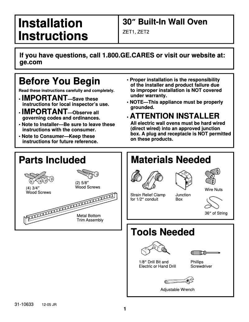 Page n°1 - Guide d'installation GE ZET1PLSS