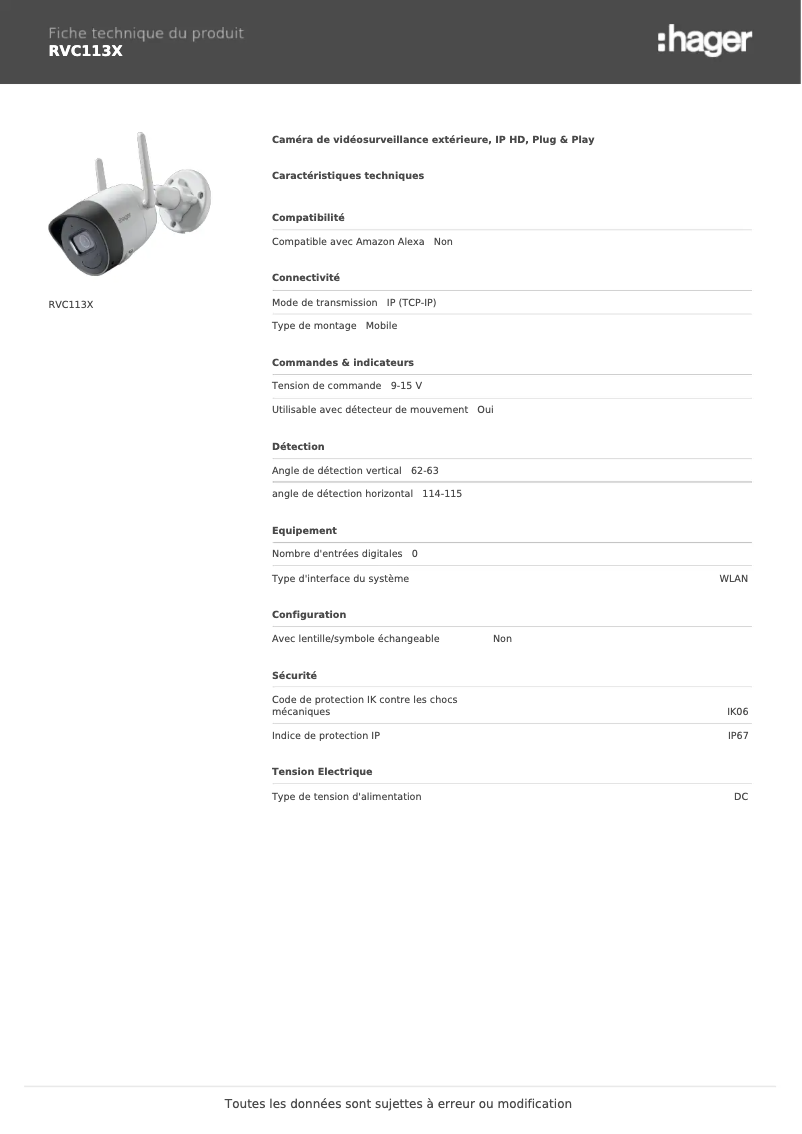 Page n°1 - Fiche technique Hager RVC113X