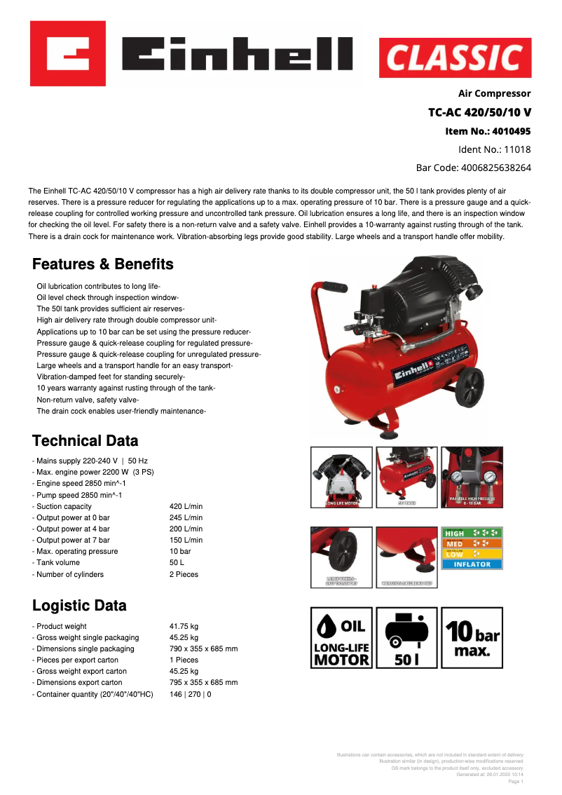 Page 1 de la notice Fiche technique Einhell TC-AC 420/50/10 V